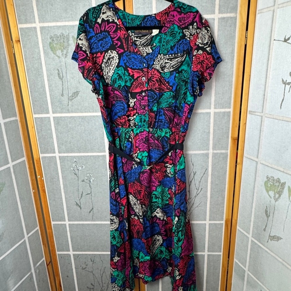 Just In Thyme Ltd 80s Vintage Abstract Paisley Floral Midi Dress with Belt Multi